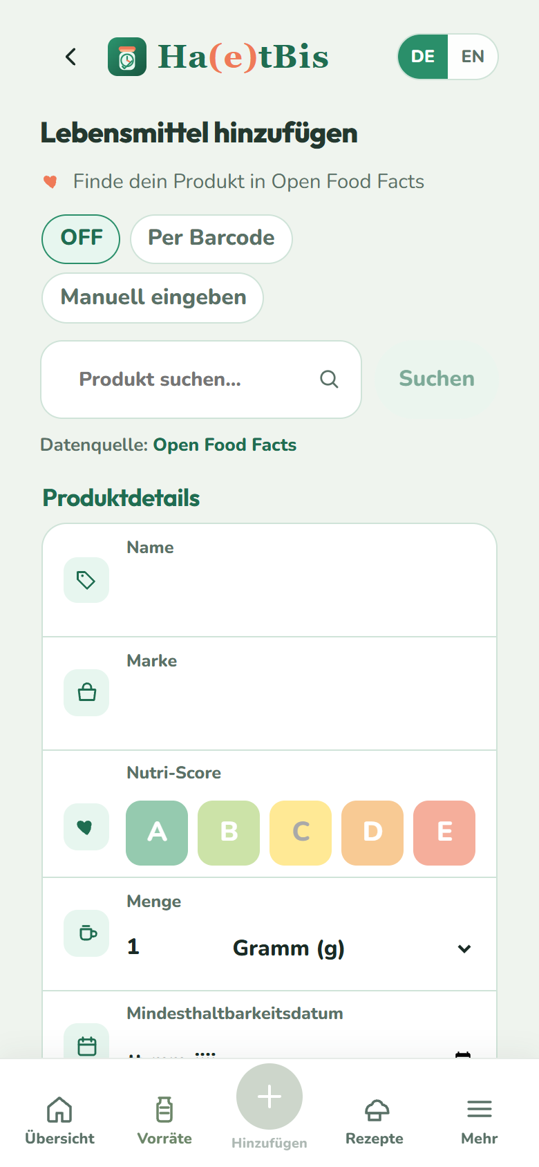 Ha(e)tBis Lebensmittel hinzufügen