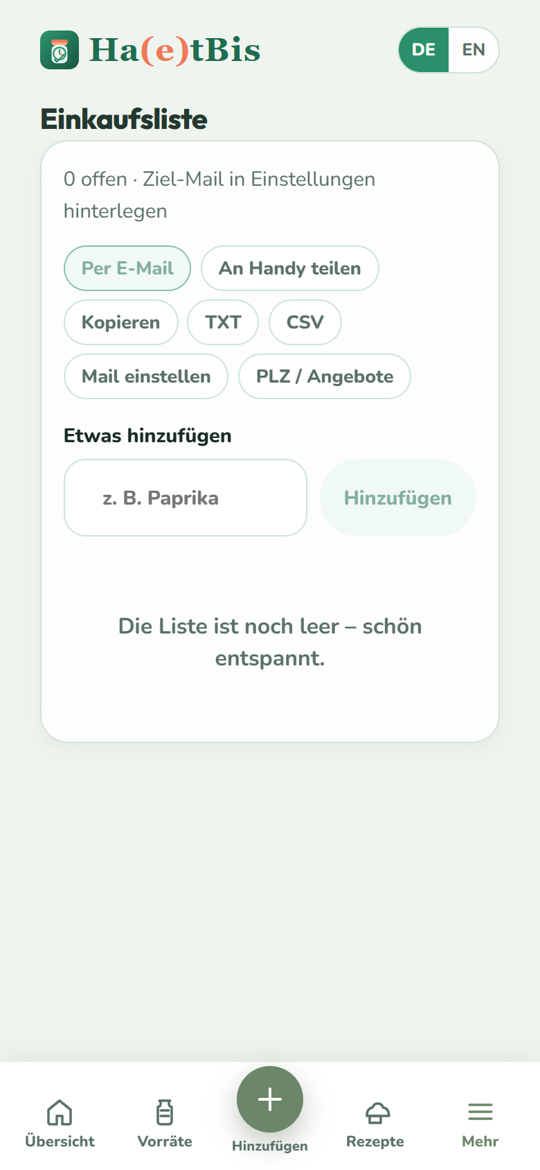 Screenshot: Einkaufsliste
